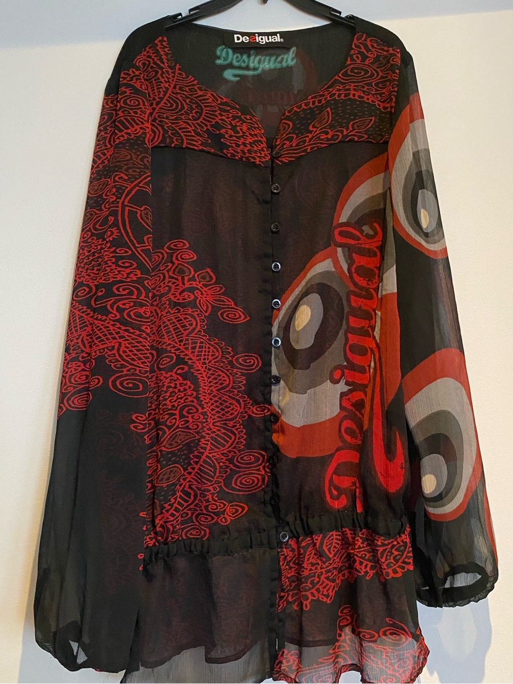 Desigual Black Sheer Blouse with Red Graphic Print